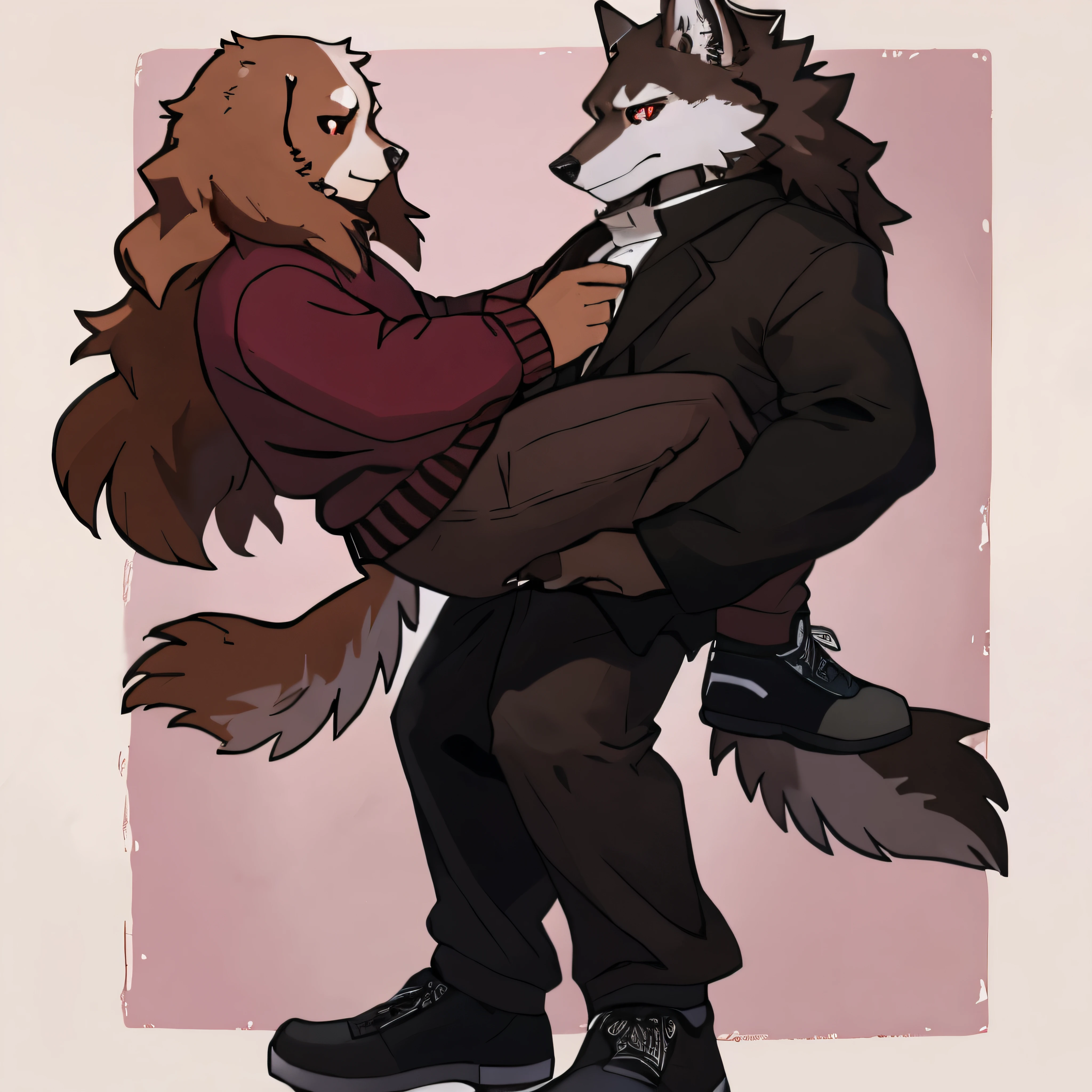 Drawing style An anthropomorphic brown wolf with red eyes he is tall He has an athletic body and he wears a black winter coat and underneath a gray sweater and black pants and shoes. A male anthropomorphic white Cocker Spaniel, with eyes blue. His fur is white, with long hair, slender body. He is wearing a burgundy sweater and white stretchy pants and black shoes.the wolf is penetrating the cocker spaniel