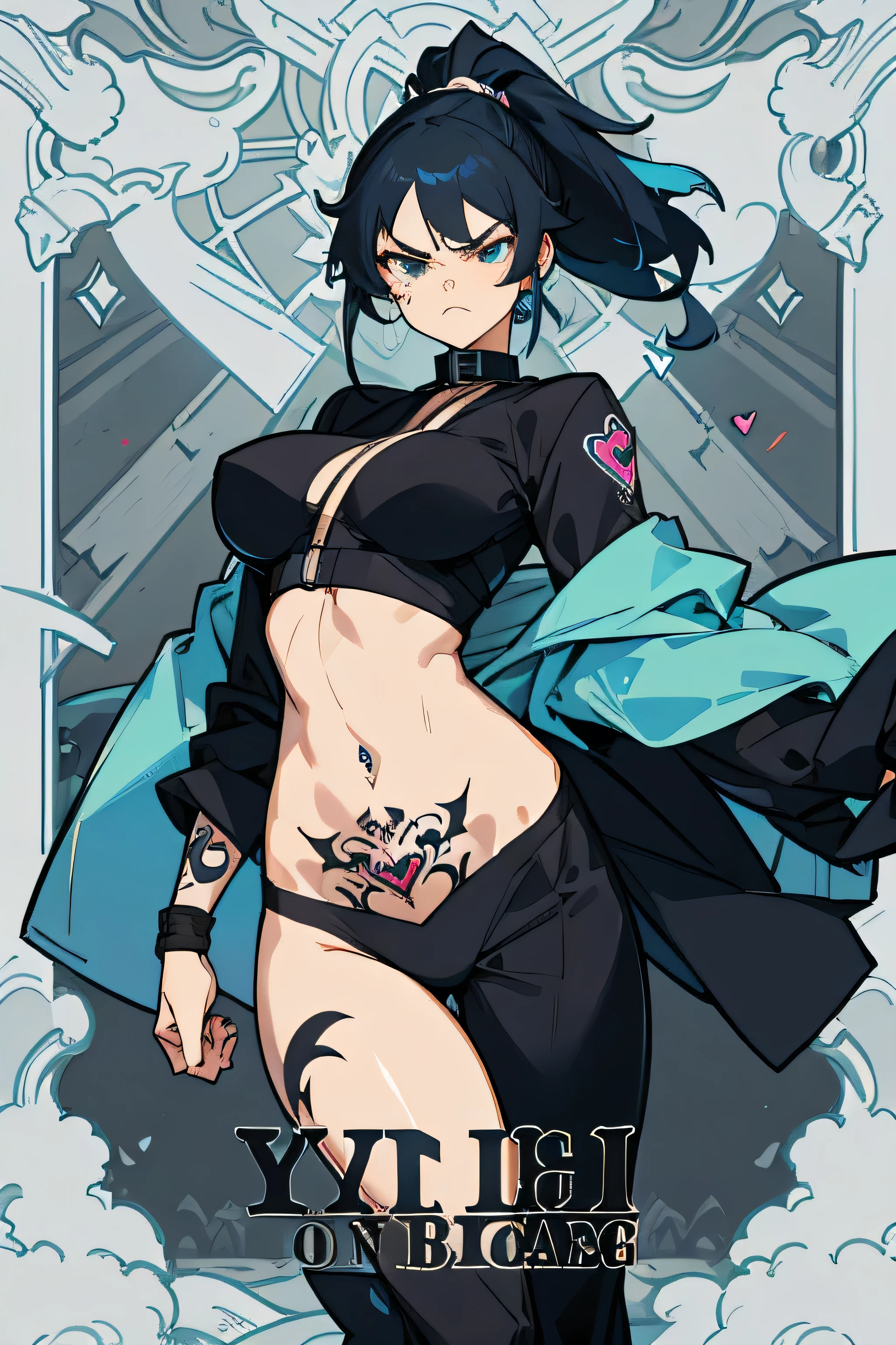 Young woman,ponytail,Bi-color hair,black hair,Blue Hair Tip,Light blue eyes,Tall,Good shape,big breasts,Black Ninja Costume,costume,Thigh opening outfit,Show your belly,not wearing socks,Put on a collar,black panties,elegant face,Noble,princess,Fierce face,Angry Face,heart tattoo,Tattoos on the abdomen