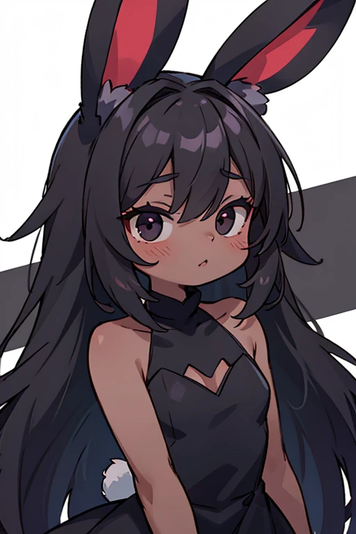 VibriVR, furry, rabbit ears, rabbit girl,black skin, polygon,complex eyes,black eyes, black dress, , high quality, masterpiece,