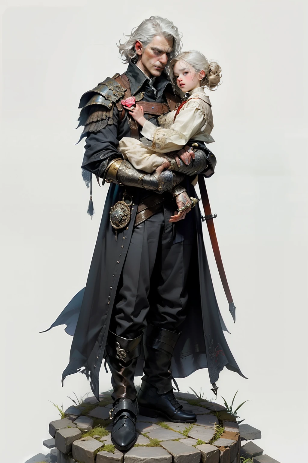 ((best quality)), ((masterpiece)), (detailed), perfect face, a father cradling his , a knight, white background, plain background, Bloodborne inspired, Bloodborne attire, occult aesthetic, occult, red and white clothing detailed and intricate steampunk and detailed gothic, long coat, Complex laced boots, Silver hair swaying in the wind, white background, Very dramatic and cinematic lighting, full body, whole body, body, cosmic horror, grim dark, a father cradling his , father,
