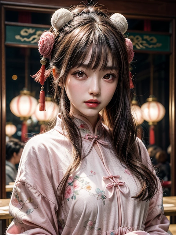 masterpiece, Best quality, Embankment, banquet, 1 woman, mature woman, elegant, chinese style, Ancient China, Sister, Royal Sister, happy, Meatball head, light brown hair, pink eyes, Gorgeous headdress, Light pink lips, Pink clothes, Yarn is like clothes, Intellectual, Full bangs, flat bangs, Flower ball, Face Delicate,A hairstyle
