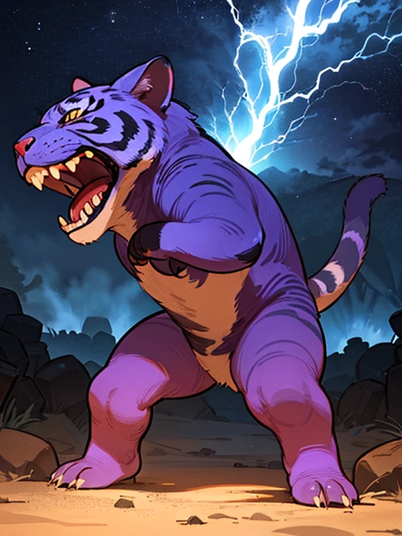 Strange monsters in a fantasy world,A group of saber-toothed tigers,long canine teeth,Strong limbs,Covered in blue flames,bloods,Covered with thick spikeoon Night,Purple lightning,The middle view is,wasteland,Full body like, Highly detailed and ultra-realistic visuals,oc rendered,Shot with 70mm lens - AR 16:9 --q 2 --s 1000