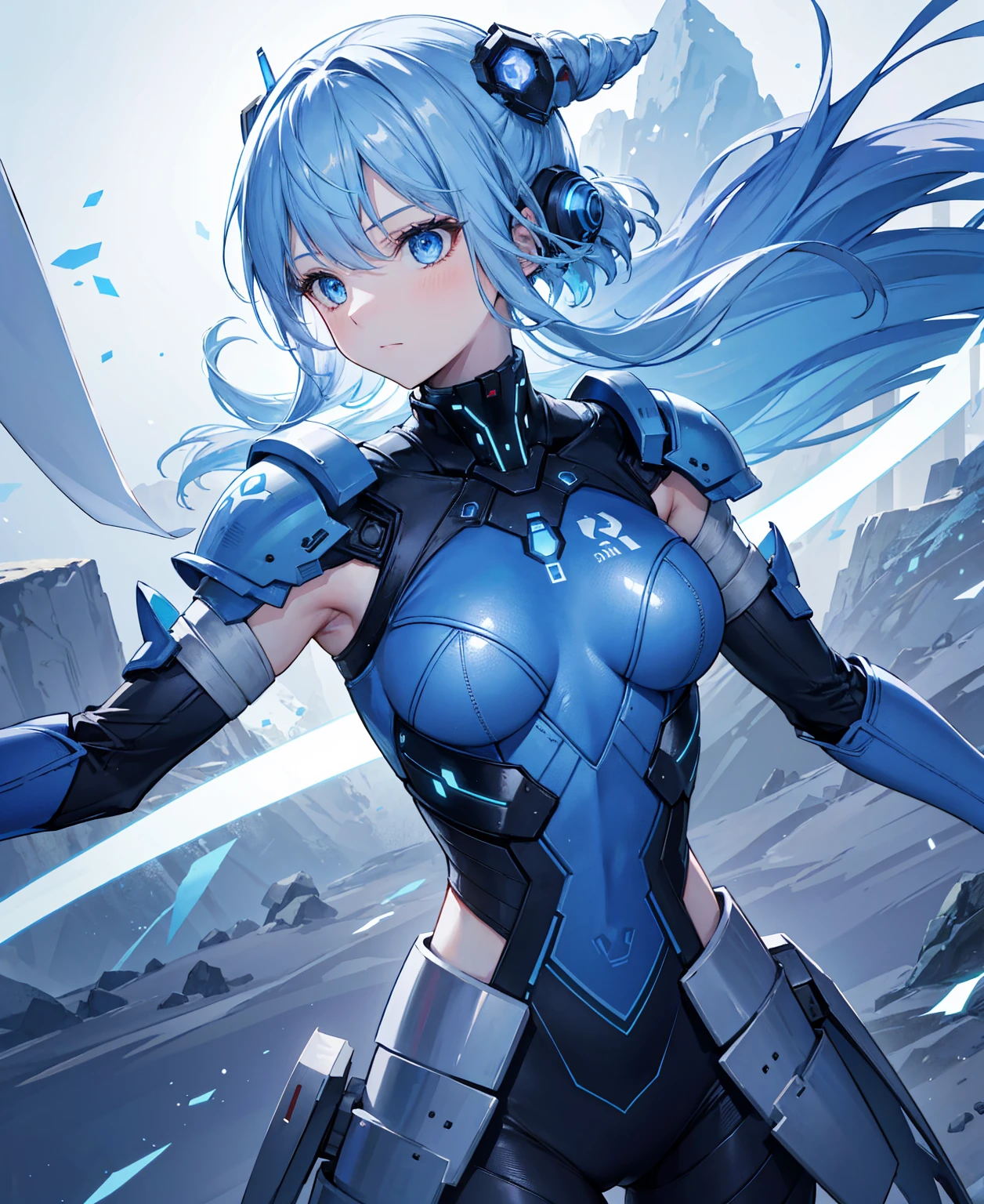 8k, highest quality, (real:1.4), Original photo, 1 girl, Asari Hair, Biological Amplifier, refined armor, posture: Peace talks between warring factions, smart blue eyes