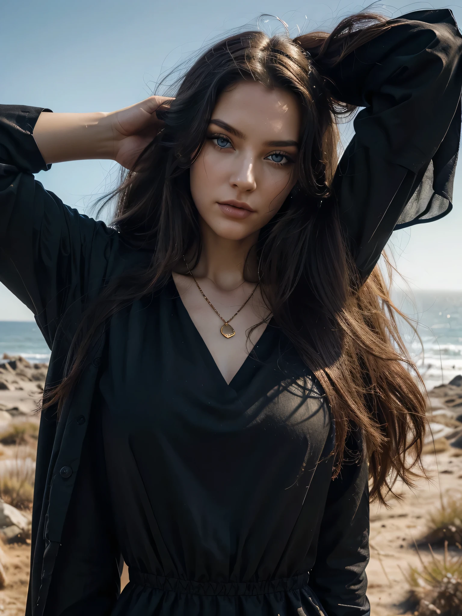 3D ,stunning girl ,looking at the viewer ,beautiful perfect bright Blue eyes, very beautiful face,windy day, Golden bracelets and necklaces, long hair is waving in the wind ,(official art, beautiful and aesthetic:1.2), extreme detailed, highest detailed, pale skin, the creamy smooth skin, long monolith at the horizon, black dark post- modern dress is waving at the wind, strong light, backlighting, withered vegetation, thread, glass, strong shadow, close-up, fog, futuristic fashion, modern art, movement, Post-apocalyptic, Biofabric, Gothic wind,soft light on face