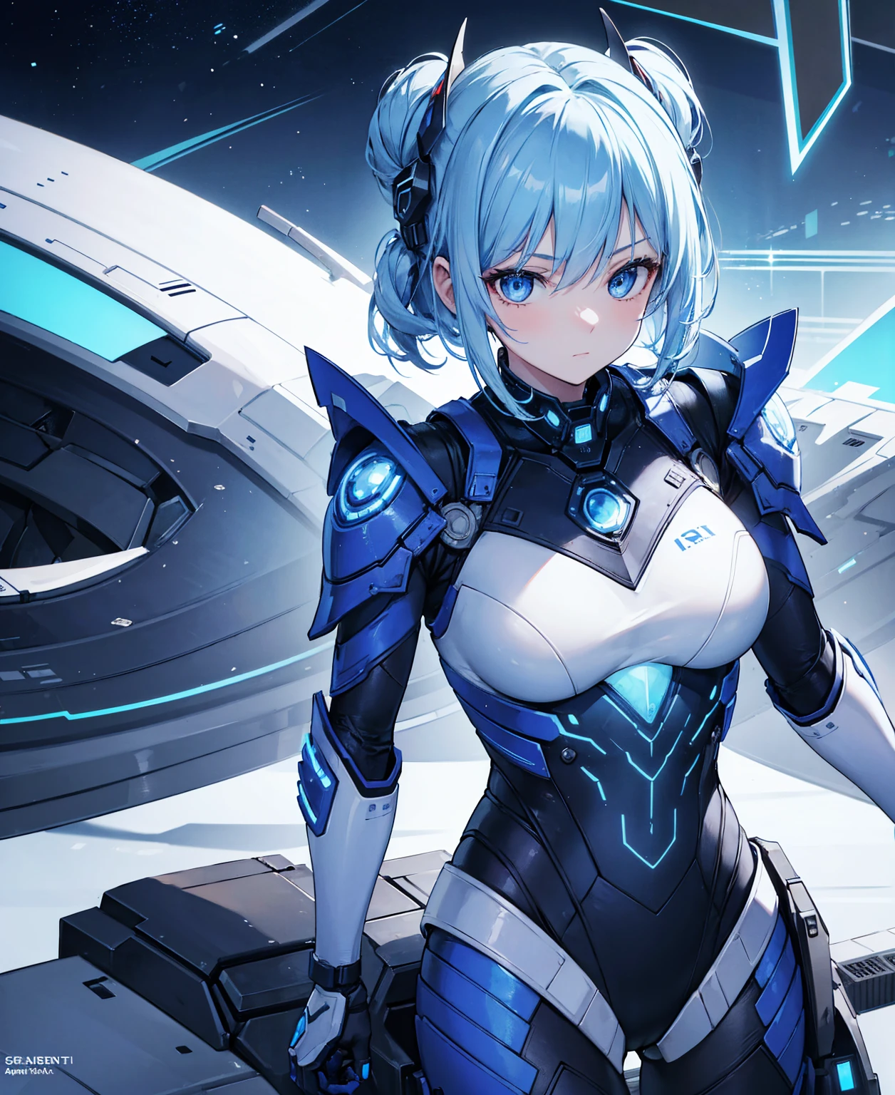 8k, highest quality, (real:1.4), Original photo, 1 girl, Asari Hair, Biological Amplifier, refined armor, posture: Peace talks between warring factions, smart blue eyes