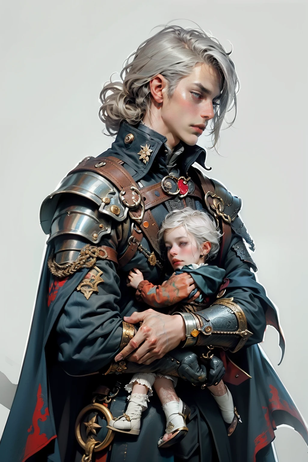 ((best quality)), ((masterpiece)), (detailed), perfect face, a father cradling his , a knight, white background, plain background, Bloodborne inspired, Bloodborne attire, occult aesthetic, occult, red and white clothing detailed and intricate steampunk and detailed gothic, long coat, Complex laced boots, Silver hair swaying in the wind, white background, Very dramatic and cinematic lighting, full body, whole body, body, cosmic horror, grim dark, a father cradling his , father,