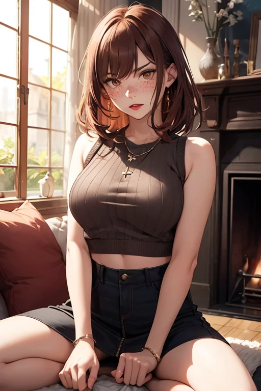 ((best quality)), ((masterpiece)), (detailed), Ridiculous resolution, high resolution, (masterpiece:1.4), Hyper-detailing, a woman. she is 17 years old. auburn hair. She has bangs in her hair. red lips. she is blushing. she has freckles. (Ultra detailed brown eyes)). she is lying on a sofa by the fireplace. She is wearing a sleeveless woolen crop top sweatshirt. She is wearing a woolen, ribbed mini skirt. necklace. full body shot. she is angry.