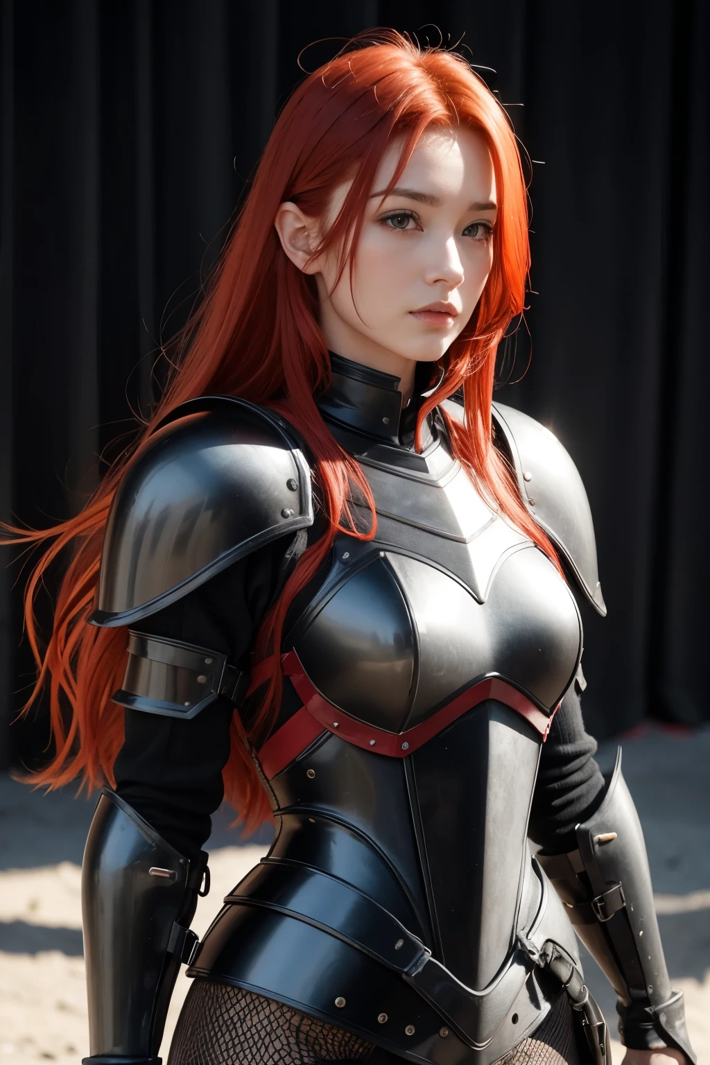 red-haired woman in black armor