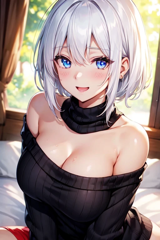 (High quality, High resolution, Fine details), BREAK (Black off-shoulder sweater), solo, curvy women, BREAK white hair, sparkling eyes, (Detailed eyes:1.2), smile, blush, Sweat, Oily skin, shallow depth of field, nsfw, open mouth,