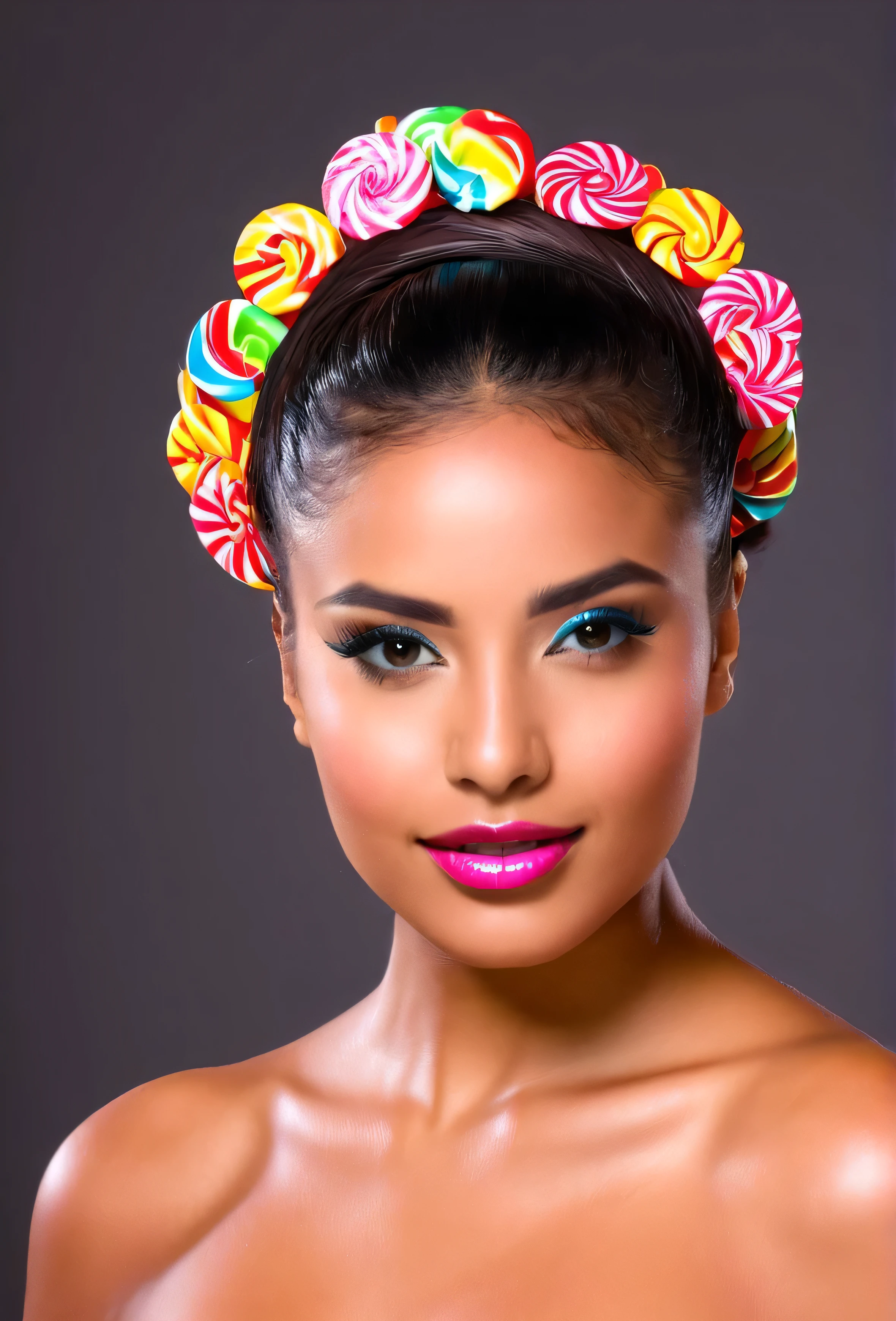 Beautiful Latina Girl with a coloured candy on her head 