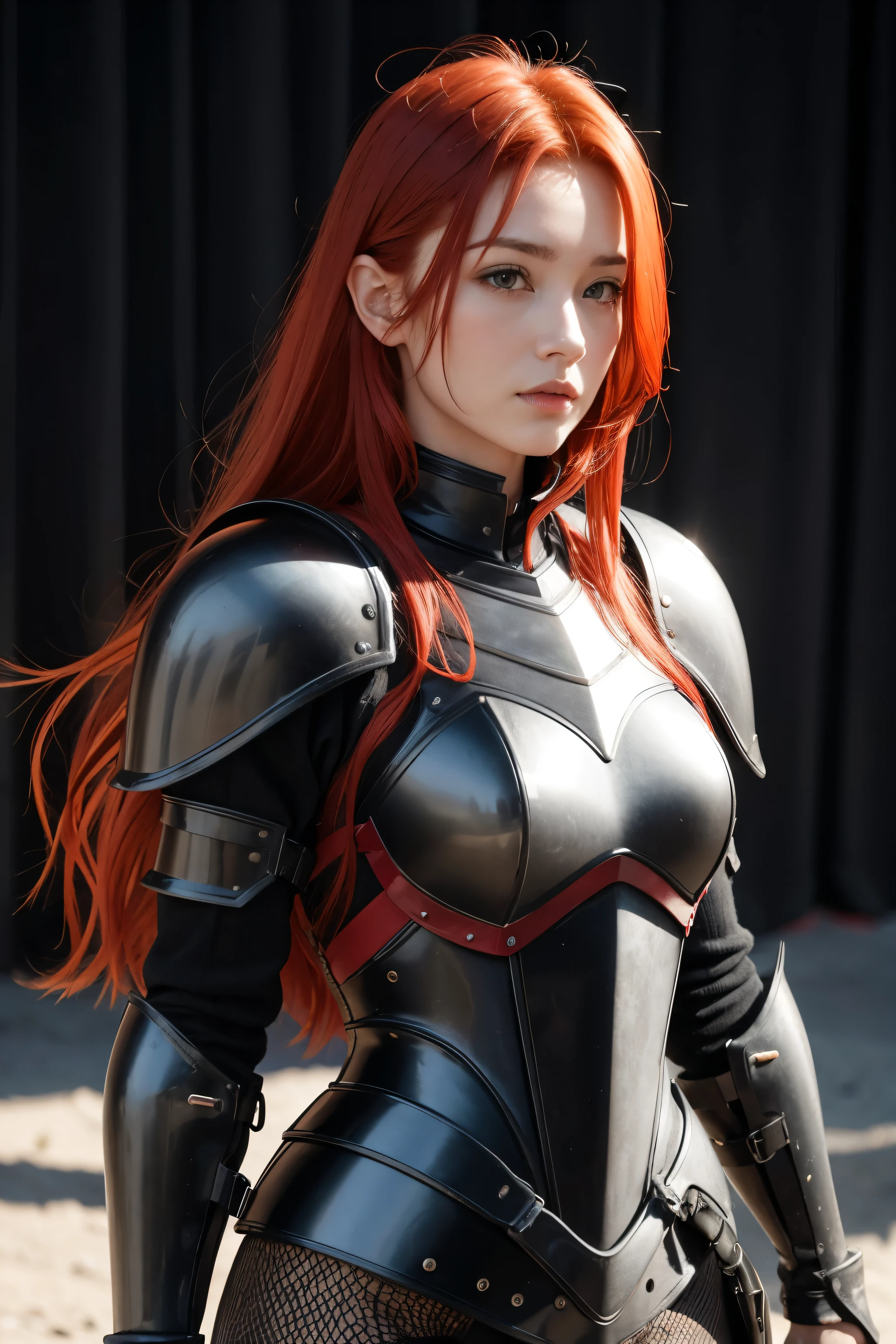 red-haired woman in black armor