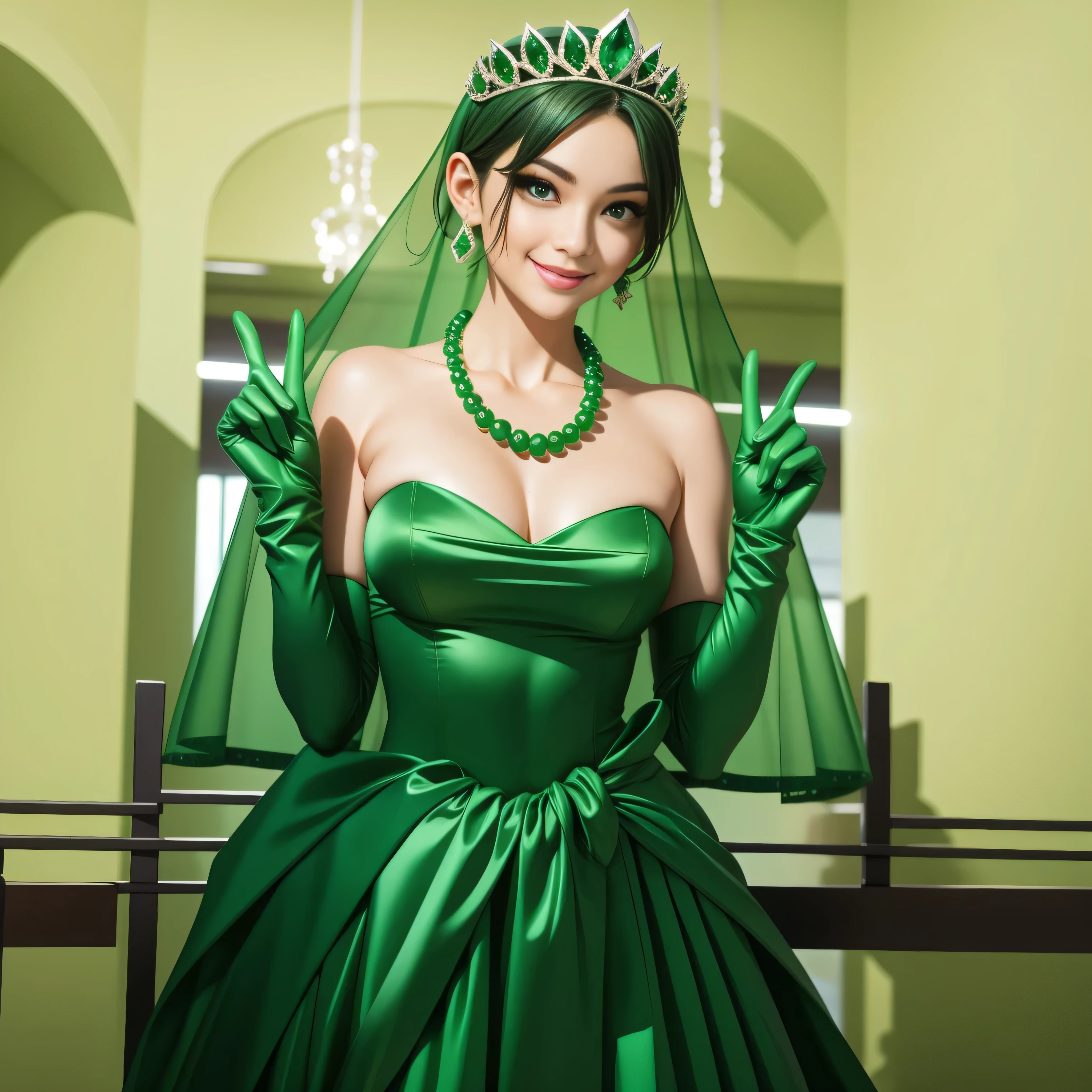 Emerald tiara, Green Pearl Necklace, Boyish very short green hair, lipstick, Smiling Japan woman in her 30s, Very short hair, Big and beautiful, Green Eyes, Long green satin gloves, Big Breasts, V sign, Emerald Earrings, Green veil
