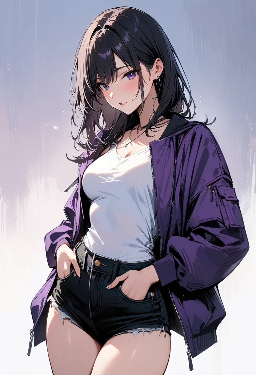 (masterpiece, best quality:1.2), 1 girl, alone , sexy , purple jaket , cutoff-jeans , (cowboy shot) , black hair , (white top)