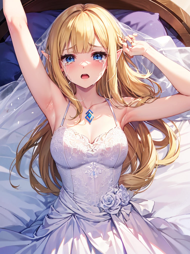 in bed,((Show your armpits)),((Wedding dress)),((Embarrassed expression)),((Crying face)),Princess Zelda, ((highest quality)),((open mouth)),beauty,Beautiful,princess zelda,
nintendo, the legend of zelda,long hair,Skyward Sword,