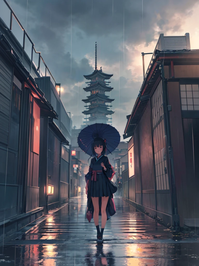 (((masterpiece, highest quality, High resolution, High detail)))), ((Modern Japan)), One, ((High school girl with an umbrella)), (Rain Clouds)、Anime girl standing on a bridge in front of a tower with an umbrella