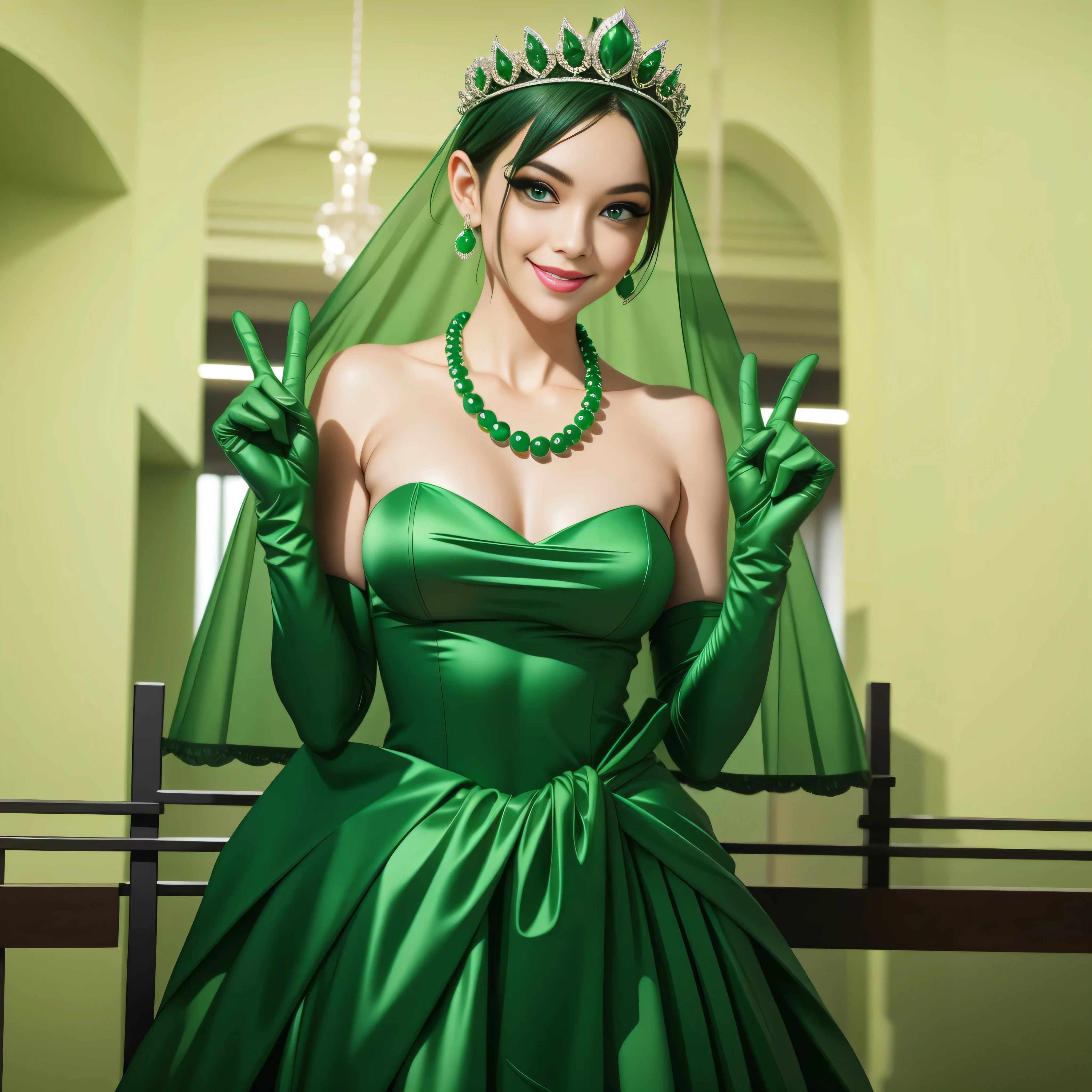 Emerald tiara, Green Pearl Necklace, Boyish very short green hair, lipstick, Smiling Japan woman in her 30s, Very short hair, Big and beautiful, Green Eyes, Long green satin gloves, Big Breasts, V sign, Emerald Earrings, Green veil