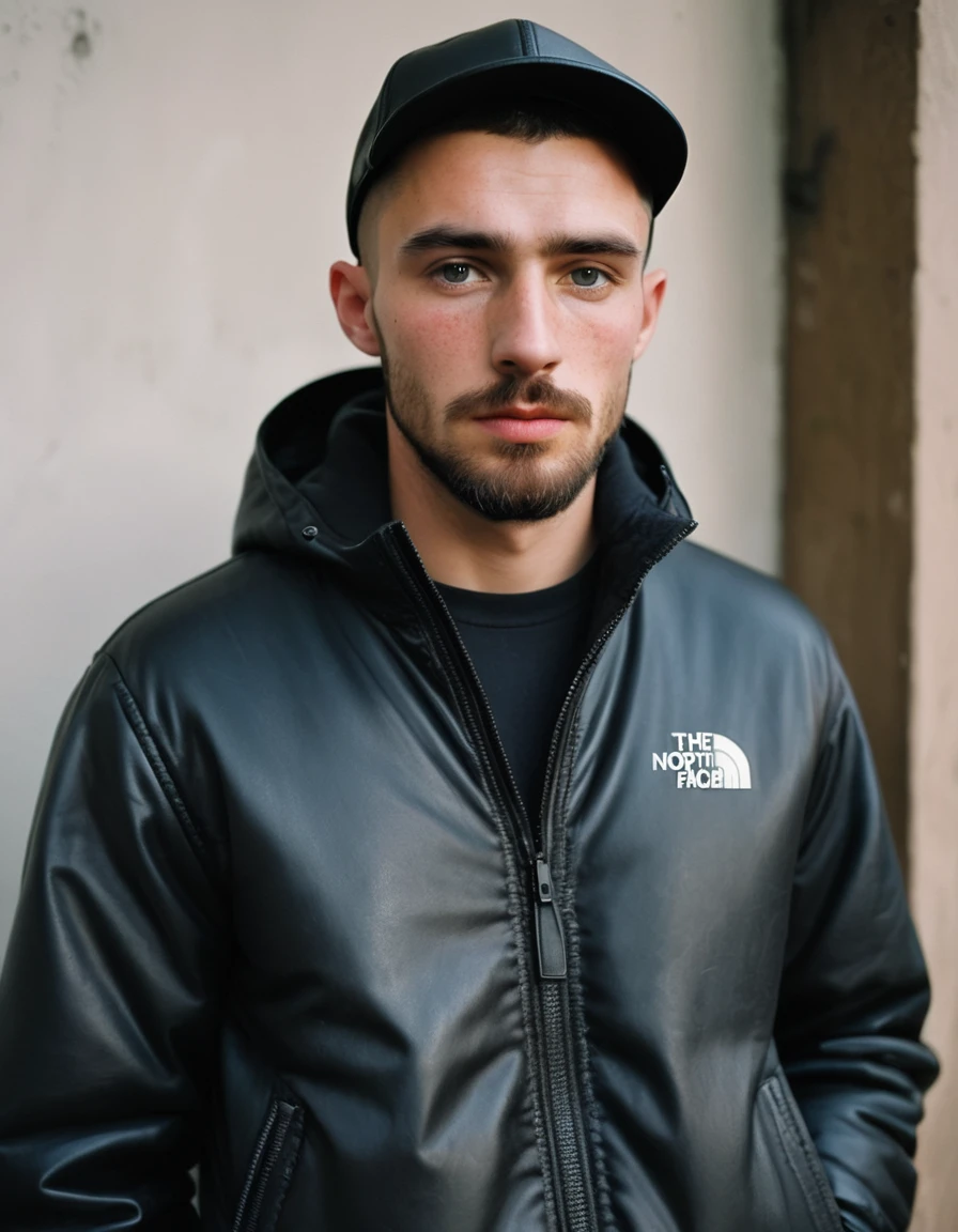 candid cinema, 16mm, color graded portra 400 film, remarkable color, textured skin, remarkable detailed pupils, visible skin detail, skin fuzz, dry skin, ((full view))), ((full body complete:1.8))), RAW low contrast photograph of a chav, 20 year old tall and lanky Caucasian handsome guy, some beard, He has dark brown buzz cut and freckles on his face, (Stubble:1.9), (Masculine:1.5), mild body hair, scally guys, full body, with a very shiny and huge black nylon puffer jacket "the north face":1.7, (wears a black leather cap:1.8)++, he is looking down at the viewer angrily, (partially tattooed on face, neck and hands;1,8), The photo is taken at night inside his room from a low angle