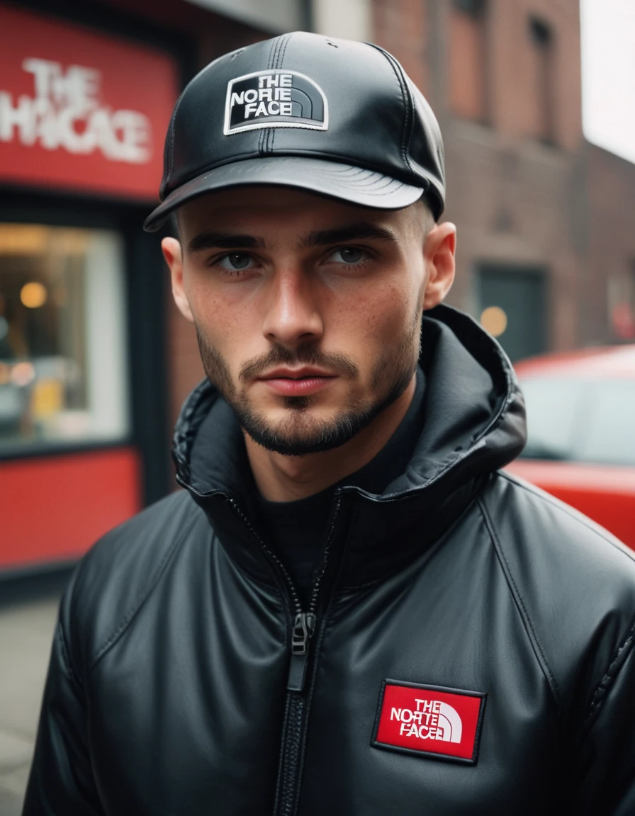 candid cinema, 16mm, color graded portra 400 film, remarkable color, textured skin, remarkable detailed pupils, visible skin detail, skin fuzz, dry skin, ((full view))), ((full body complete:1.8))), RAW low contrast photograph of a chav, 20 year old tall and lanky Caucasian handsome guy, some beard, He has dark brown buzz cut and freckles on his face, (Stubble:1.9), (Masculine:1.5), mild body hair, scally guys, full body, with a very shiny and huge black nylon puffer jacket "the north face":1.7, (wears a black leather cap:1.8)++, he is looking down at the viewer angrily, (partially tattooed on face, neck and hands;1,8), The photo is taken at night inside his room from a low angle