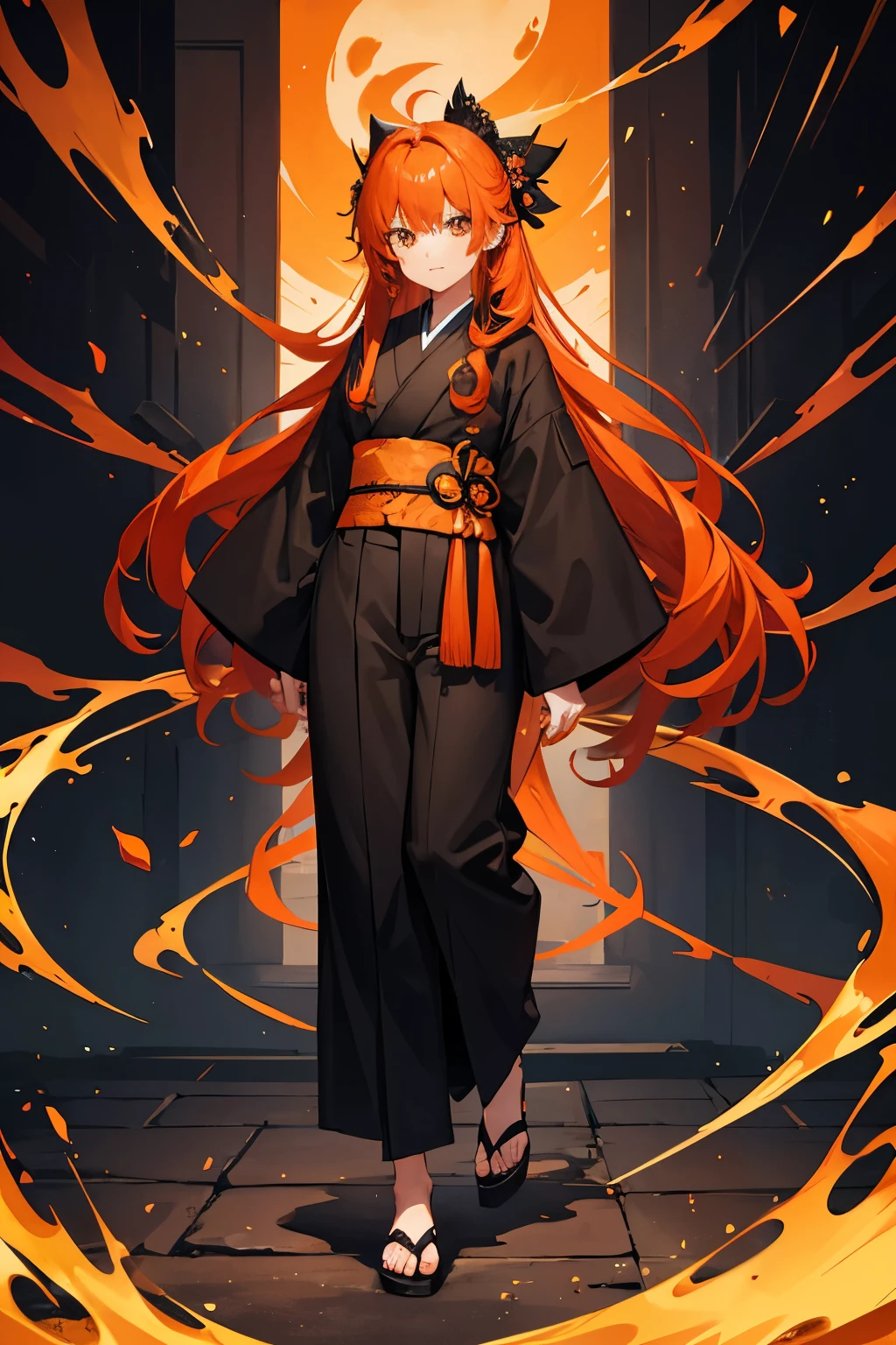 girl, orange hair, long hair, black shihakusho, black kimono, black trousers