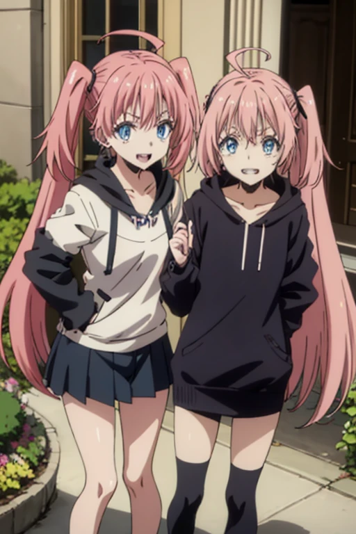 masterpiece, highest quality, 高解picture度，Anime Style、Characters from TenSura、picture、whole body　　　　　　　　　　　　Platinum pink hair（Twin tails:20:1）（Ahoge:1:10）、blue eyes、About 10 years old、smile、The double tooth shines、Baggy sweater