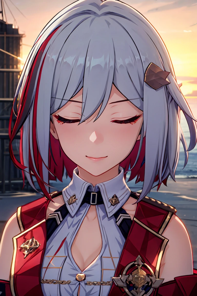 tuopa 1girl admiral graf spee \(azur lane\) bangs bracelet breasts closed eyes closed mouth cross detached sleeves dress eyebrows visible through hair hair between eyes hair ornament jewelry medium breasts multicolored hair necktie red hair short hair silver hair smile solo streaked hair upper body