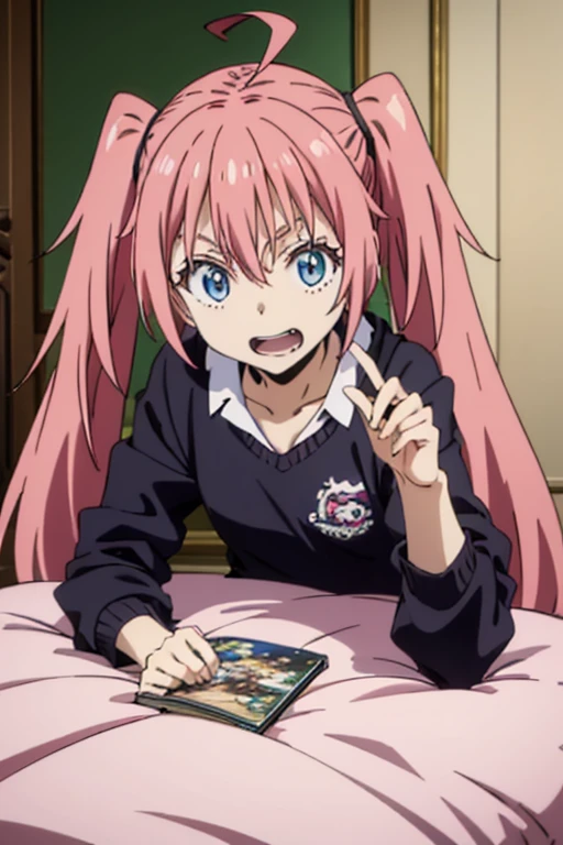 masterpiece, highest quality, 高解picture度，Anime Style、Characters from TenSura、picture、whole body　　　　　　　　　　　　Platinum pink hair（Twin tails:20:1）（Ahoge:1:10）、blue eyes、About 10 years old、smile、The double tooth shines、Baggy sweater、On the bed