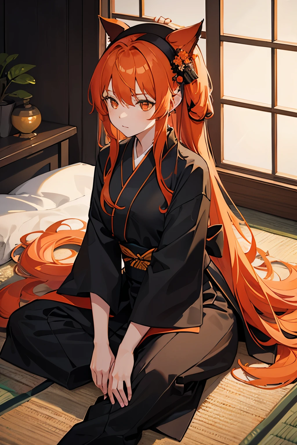 girl, orange hair, long hair, black shihakusho, black kimono, black trousers