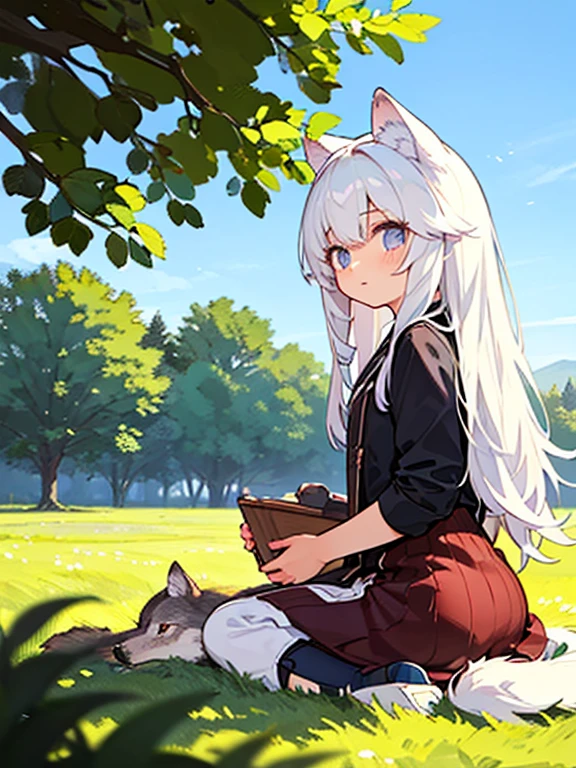 Masterpiece, realistic photography, outdoor, arafed woman sitting in a field with a wolf, wolf companion, tenderness, wolfgirl,wolves and their treasures, her friend the wolf,