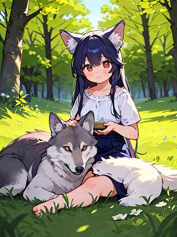 Masterpiece, realistic photography, outdoor, arafed woman sitting in a field with a wolf, wolf companion, tenderness, wolfgirl,wolves and their treasures, her friend the wolf,