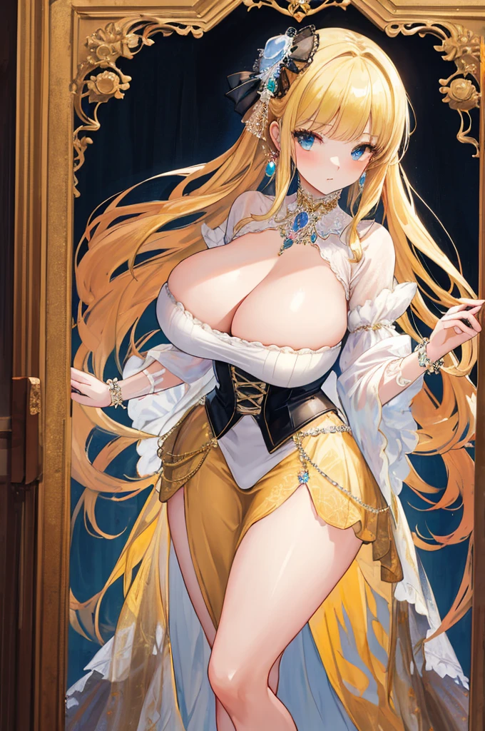 masterpiece,8k,A woman with big ,Gorgeous woman,transparent,Victorian style,Rococo skirt,Long blond hair,((How to cut a Hime cut)),Gorgeous jewelry,Crystal Hair Accessories,Cleavage,pubic,
