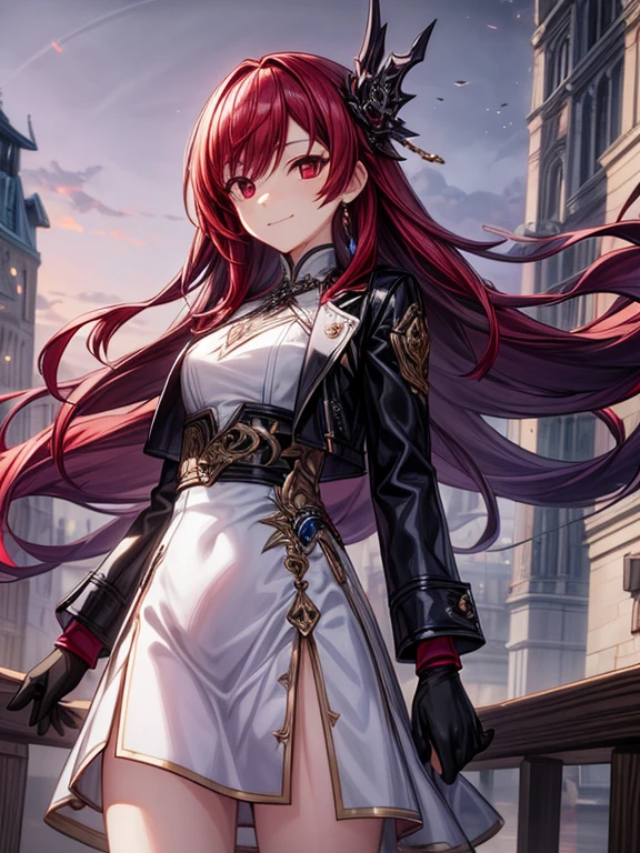 ((masterpiece,Best quality)),8k wallpaper,1 Girl, long hair, Red hair, One, dress, Red eyes, I look at the viewer, Long sleeves, standing, building, white dress, gloves, hair ornament, black jacket, smile, floating hair, Dutch corner, closed mouth, looking, On open air