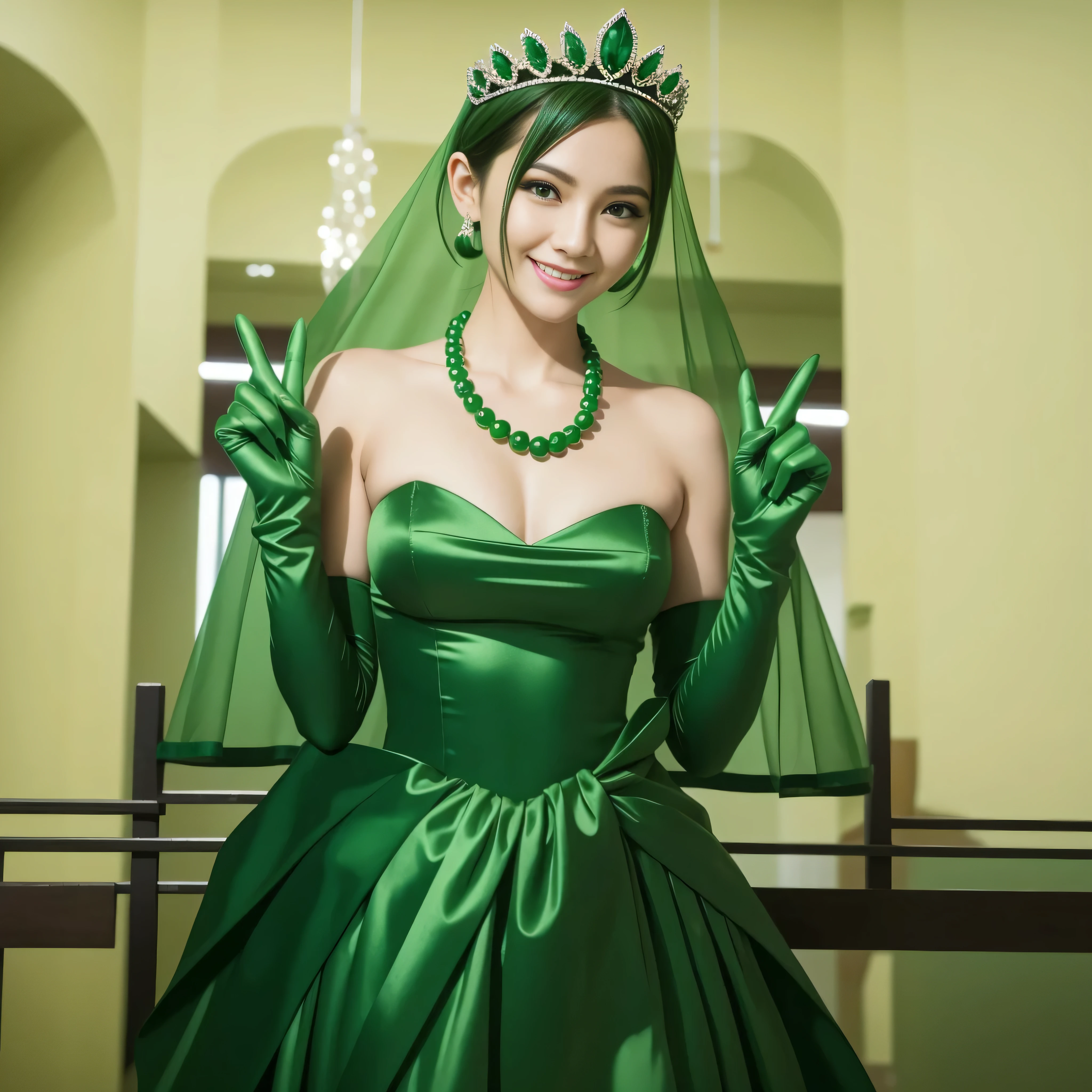 Emerald tiara, Green Pearl Necklace, Boyish very short green hair, lipstick, Smiling Japan woman in her 30s, Very short hair, Big and beautiful, Green Eyes, Long green satin gloves, Big Breasts, V sign, Emerald Earrings, Green veil