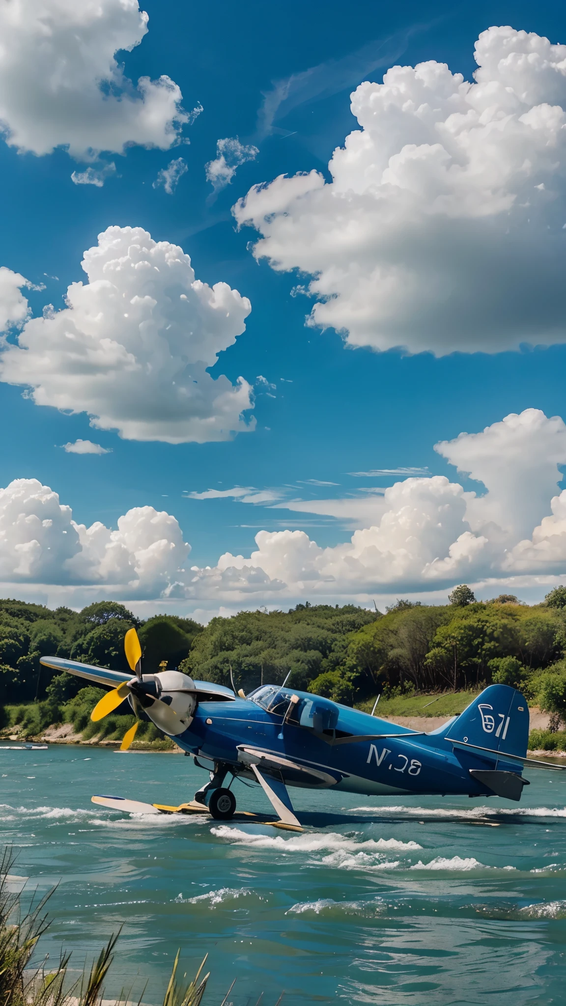 I'd like a drawing of an airplane
on blue paper
in the center of the image there are several yellow clouds
and in the background a river with crystal clear water.