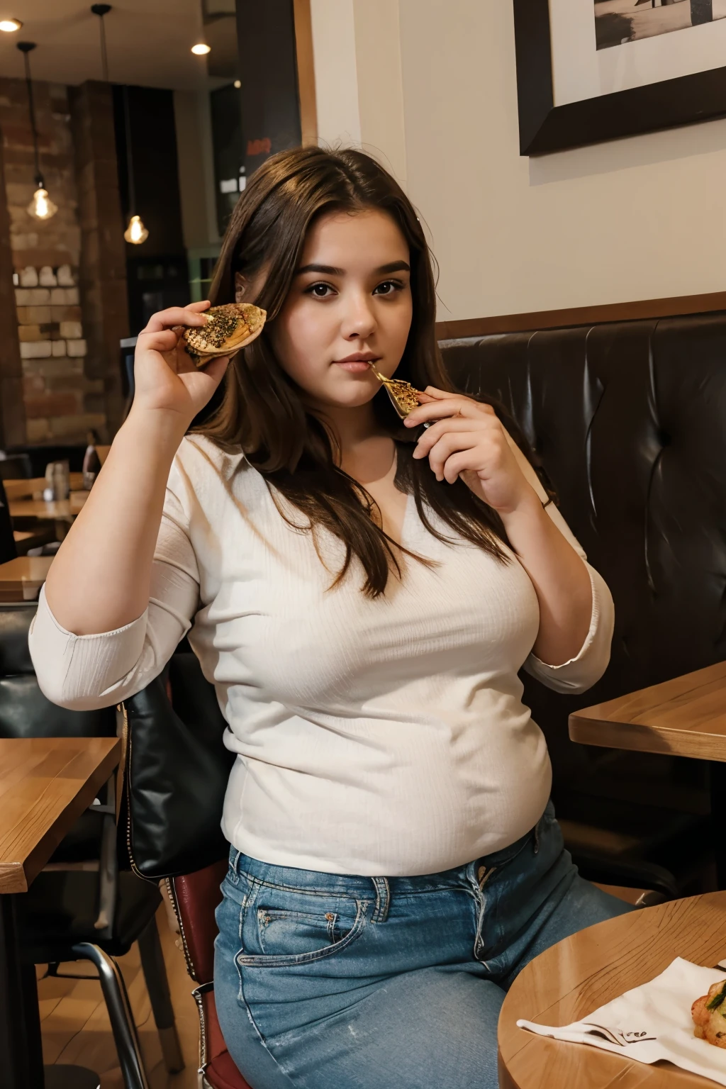 Young fat woman of 20 years old eating in a restaurant but her clothes can't hold up anymore and she starts to tear a black lycra dress, her underwear is marked and you can see her huge ass and a huge stomach due to the increase in her weight. It covers the entire part of Adenleta because it is so full and swollen with sweat.