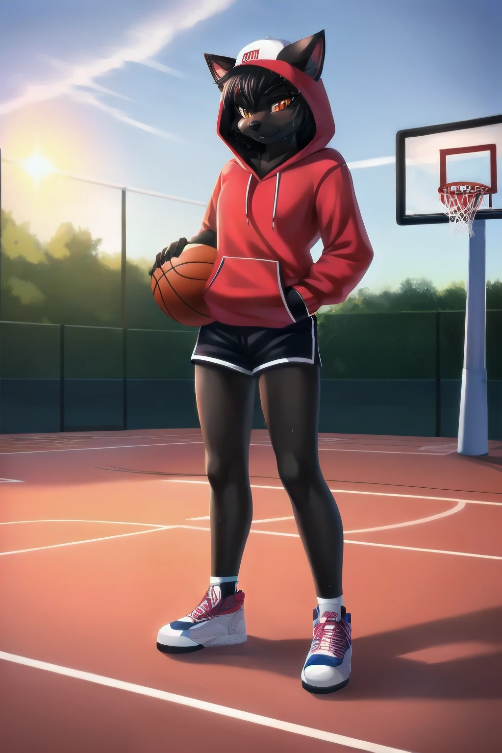 Solo, female, werecat, standing, adjusting black leather basketball sneakers, ball in one hand, tail swishing, black fur sleek from sweat, hint of orange eyes visible beneath hoodie, hood up, snapback cap with red graphic, basic white tee, denim shorts, legs toned from regular play, ball in hoop, basket swaying, eyes locked with viewer, basketball court, mid-day sun, vibrant colors of court contrast against werecat's dark fur, realistic proportions, artist: hurricanehedgehog, explicit content, adult, nsfw, high resolution, questionable content, sharp focus, shaded.