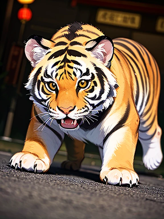 (Adult tiger walking on the street),Quantity 3,(ferocious),Open your mouth,fangs,ferocious,Chinese city,dilapidated Chinatown,Bokeh,dark horror art,Violence, decadent,4k horror detailed illustration, animal creature,best quality, detailed,low angle,dark