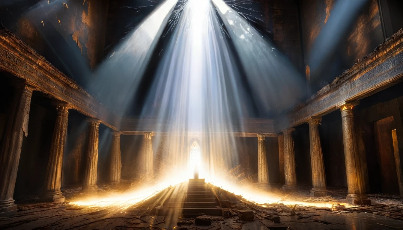 An image of the temple curtain being torn from top to bottom, with rays of light breaking through the darkness, representing the symbolic significance of Jesus' sacrifice and the opening of access to God for all humanity.