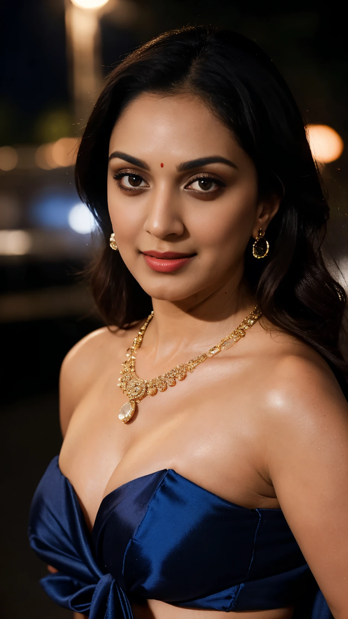 night, close up photo of milf kiara, seducing in highway road, swooping breasts, deep cleavage, blue vintage saree, seductive eyes, sultry, look at camera, necklace, 4K, HD