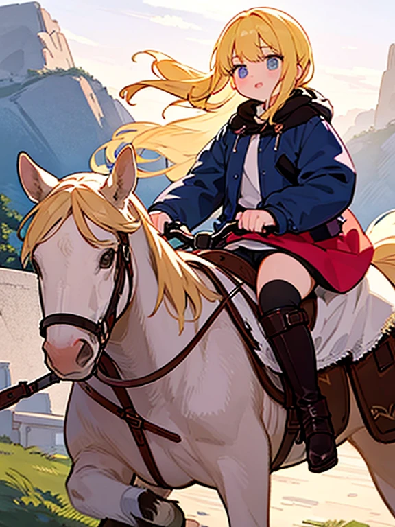 blonde woman riding a white horse