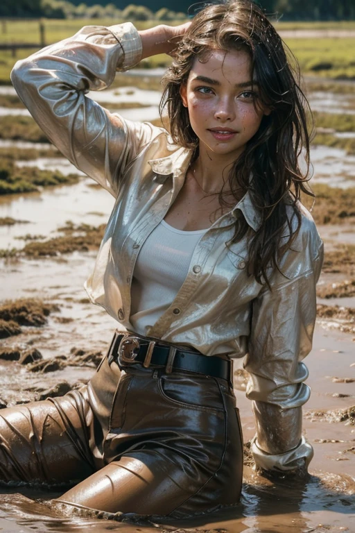(masterpiece, best quality:1.2), cowboy shot, solo, 1girl, 27 yo gymnastic , smile, looking at viewer, pencil skirt, belt, white blouse, jacket wet clothes, soaked, dripping wet, wet hair, wet skin, translucent, glistening with oil, fully clothed, wet muddy field, dripping with mud, muddy arms, muddy hair, lying in mud, submerged, covered all over, muddy face