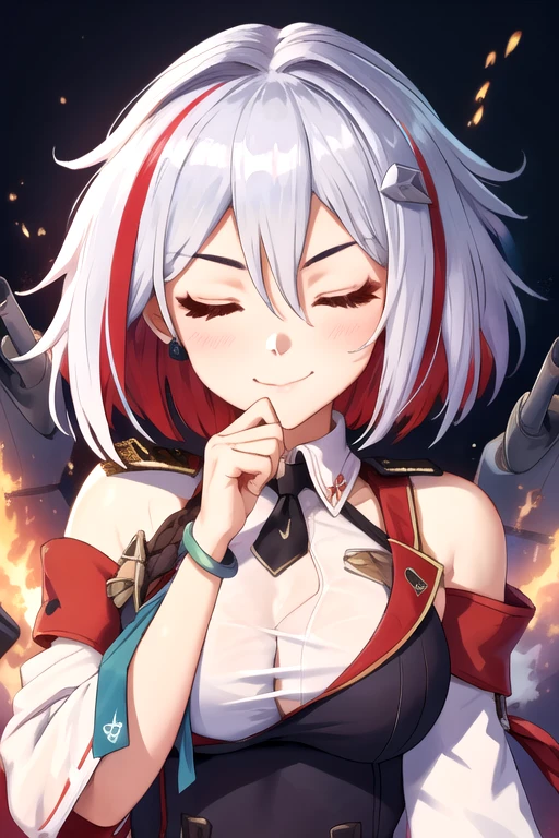 tuopa 1girl admiral graf spee \(azur lane\) bangs bracelet breasts closed eyes closed mouth cross detached sleeves dress eyebrows visible through hair hair between eyes hair ornament jewelry medium breasts multicolored hair necktie red hair short hair silver hair smile solo streaked hair upper body