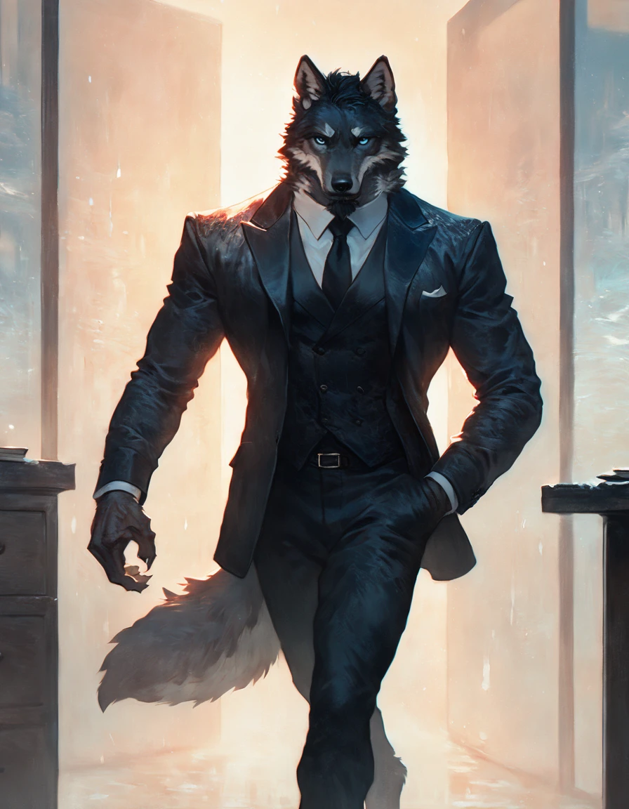 (solo), male anthro wolf, solo, masterpiece, best art, detailed hands, detailed eyes, night, anime newest artstyle, extreme detail, short black hair, dark body, icy blue eyes, standing, muscular, athletic, thin, standing, office, badass, mafia outfit, digitigrade, beard,