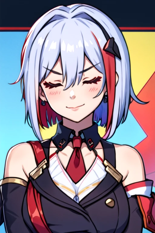 tuopa 1girl admiral graf spee \(azur lane\) bangs bracelet breasts closed eyes closed mouth cross detached sleeves dress eyebrows visible through hair hair between eyes hair ornament jewelry medium breasts multicolored hair necktie red hair short hair silver hair smile solo streaked hair upper body