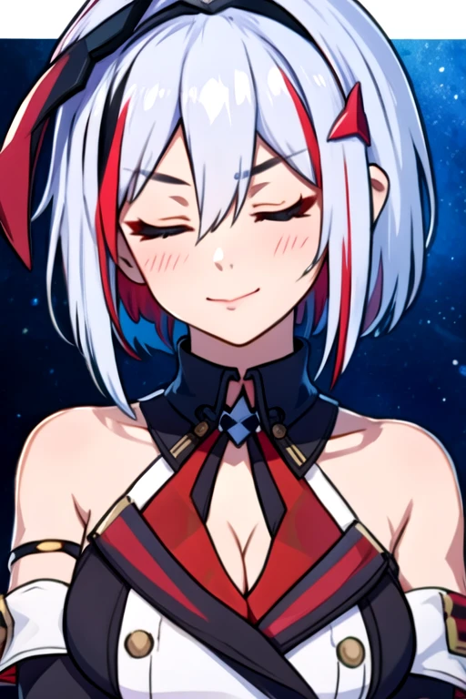 tuopa 1girl admiral graf spee \(azur lane\) bangs bracelet breasts closed eyes closed mouth cross detached sleeves dress eyebrows visible through hair hair between eyes hair ornament jewelry medium breasts multicolored hair necktie red hair short hair silver hair smile solo streaked hair upper body