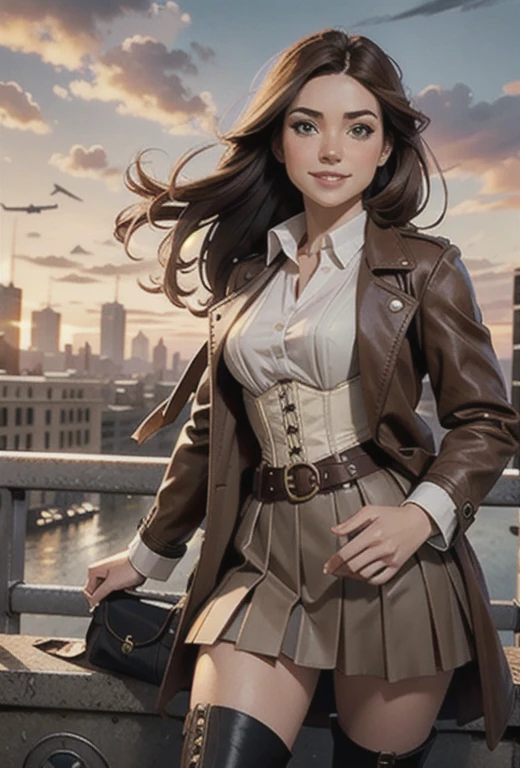 Realistic visuals, captivating beauty, dramatic contrasts, soft lighting, delicate warmth, soft light, ultra high definition, colorful, best quality, perfect female figure, high dynamic range, unparalleled masterpieces, pale skin, makeup, landscape, airplane, steampunk, cloud, sky, gear, nobody, building, outdoors, urban, science fiction, sunset, crane (machine), 1girl, long_hair, boots, brown_hair, motor_vehicle, skirt, brown_eyes, knee_boots, smile, outdoors, corset, open_mouth, looking_at_viewer, street, city, road, long leather coat, shirt, solo_focus, pleated_skirt, building, long_sleeves, belt, blush, pouch, holding, sign, bag, white_shirt