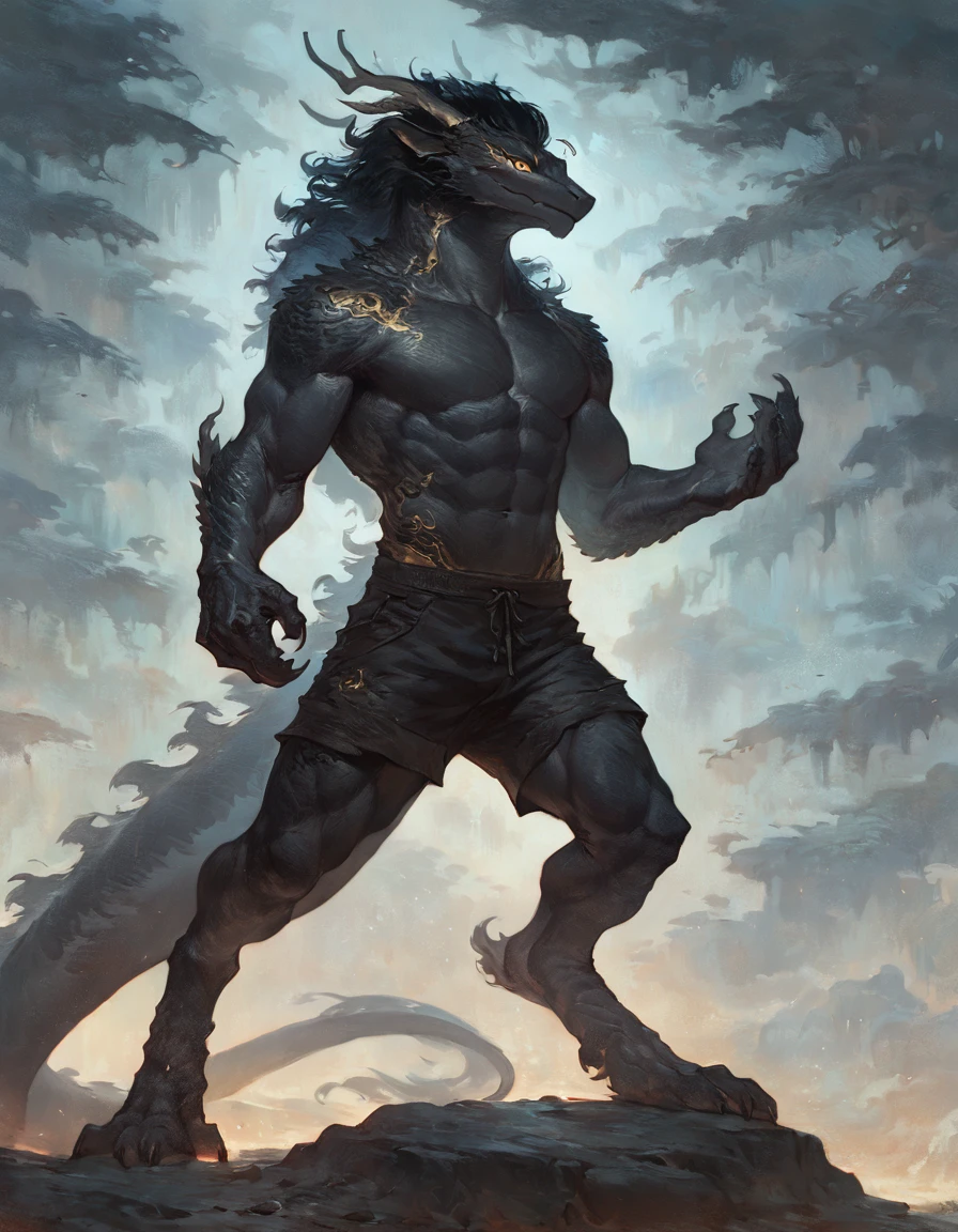 (solo), male anthro eastern dragon, solo, masterpiece, best art, detailed hands, detailed eyes, night, anime newest artstyle, extreme detail, black hair, black body, yellow eyes, standing, muscular, athletic, thin, standing, badass, digitigrade, shorts