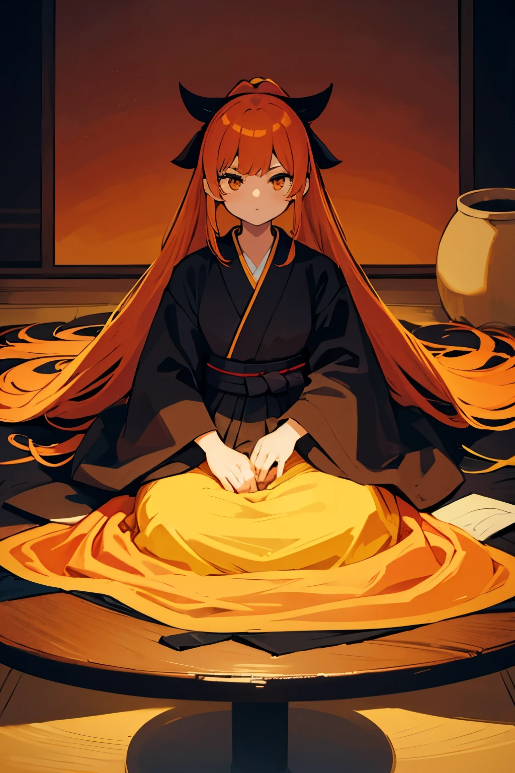 girl, orange hair, long hair, black shihakusho, black kimono, black hakama