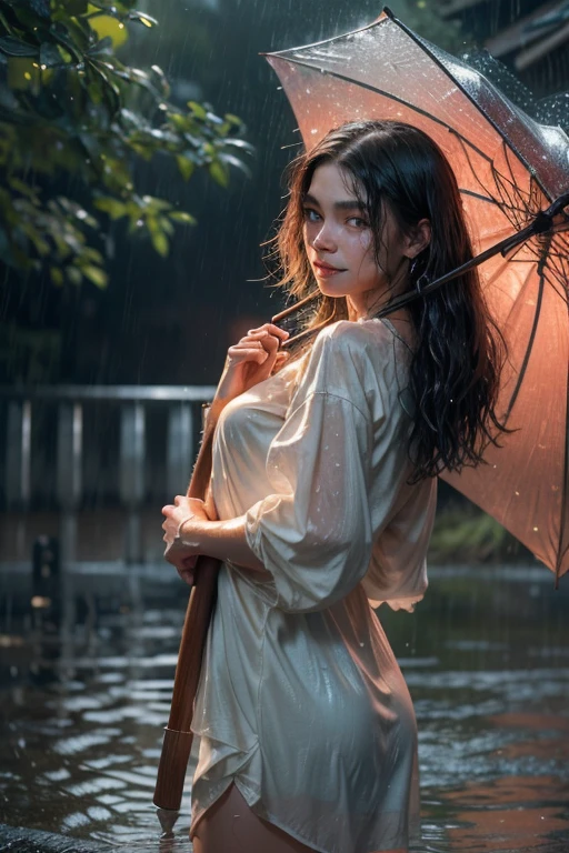 woman stands outside in the rain, shimmering skin, she holds an umbrella over her, finest luxury (canopy umbrella, color pattern: black and red), she's under umbrella, reflecting rain light on her, (she's soaking wet from the pouring rain, standing outside in open next to street light)), most beautiful woman on earth, (her hair is (dripping wet:1.2), she glistens with natural light glow, radiant skin) , long wet hair, (her summer dress soaked), a stunning American woman, Her skin is wet, (her full body under black umbrella, she smiles, outside, (relaxed , happy and refreshed)), (hyper-detailed wet dress, fabric, (rain drops visible in air, backlit)), (highest quality fabric texture), lush wet clothes with accent highlights, film quality, rain drops in air, splashing behind, puddles(ultra-realistic , rainy sky, atmosphere ,soft accent light, gorgeous Rembrandt style lighting, (Rembrandt patch)), (highest quality wet fabric texture), matte dress fabrics, Her wet drenched hair, ultra-realistic, adorned with long lashes, the color of fireflies, a world of passion. Finely detailed,(Fine-grained), (highest detail skin texture peach-fuzz earlobe realistic, water droplets) ○○ res – ultra high high resolution , very high texture (water highlights resolution), Photorealistic hands and fingers – (photorealistic beautiful 4k) , 8K,extreme detail, close and intimate, she looks to camera, teasing, Her perfectly sculpted lips, lifelike, highly real natural lips. she is a, Vermeer, a work of art, enticing. indulge in desire.solo woman, (highest quality fabric texture), light hair, every detail,Fine facial features, Masterpiece – Masterpiece ○○ quality – (Highest Quality) ,Leica film, High quality ○○ detailed – ○○ details ultra detailed(Ultra-fine ), Photorealistic, Extremely detailed(Extremely detailed) , Finely detailed, (highest detail water drops realistic)○○ res – ○○ resolution ultra high res(A high resolution)