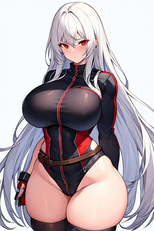 1girl, white hair, long hair, red eyes, serious, glowing eyes, large breasts, thick thighs, mature female, athletic female, toned, leotard, black leotard, thighhighs, belt, knife