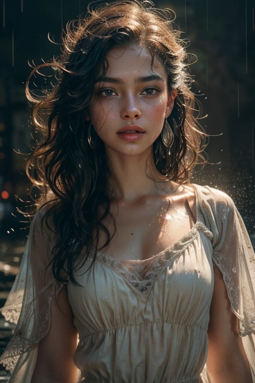 woman stands outside in the rain, shimmering skin, finest luxury, reflecting rain light on her, (she's soaking wet from the pouring rain, standing outside in open next to street light)), most beautiful woman on earth, (her hair is (dripping wet:1.2), she glistens with natural light glow, radiant skin) , long wet hair, (her summer dress soaked), a stunning American woman, Her skin is wet,, she smiles, outside, (relaxed , happy and refreshed)), (hyper-detailed wet dress, fabric, (rain drops visible in air, backlit)), (highest quality fabric texture), lush wet clothes with accent highlights, film quality, rain drops in air, splashing behind, puddles(ultra-realistic , rainy sky, atmosphere ,soft accent light, gorgeous Rembrandt style lighting, (Rembrandt patch)), (highest quality wet fabric texture), matte dress fabrics, Her wet drenched hair, ultra-realistic, adorned with long lashes, the color of fireflies, a world of passion. Finely detailed,(Fine-grained), (highest detail skin texture peach-fuzz earlobe realistic, water droplets) ○○ res – ultra high high resolution , very high texture (water highlights resolution), Photorealistic hands and fingers – (photorealistic beautiful 4k) , 8K,extreme detail, close and intimate, she looks to camera, teasing, Her perfectly sculpted lips, lifelike, highly real natural lips. she is a, Vermeer, a work of art, enticing. indulge in desire.solo woman, (highest quality fabric texture), light hair, every detail,Fine facial features, Masterpiece – Masterpiece ○○ quality – (Highest Quality) ,Leica film, High quality ○○ detailed – ○○ details ultra detailed(Ultra-fine ), Photorealistic, Extremely detailed(Extremely detailed) , Finely detailed, (highest detail water drops realistic)○○ res – ○○ resolution ultra high res(A high resolution)